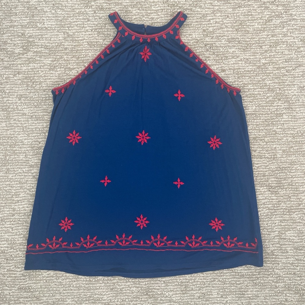 LOFT By Ann Taylor Blue Halter-style Blouse with Pink Embroidery